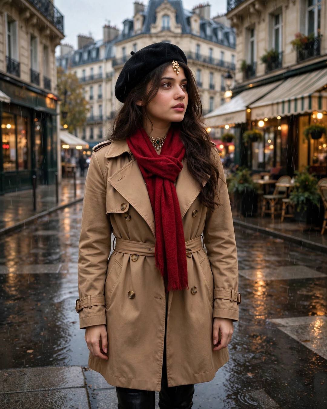 Young woman in a camel trench coat, black beret and red scarf standing on a rainy Parisian boulevard with Haussmann buildings and cafe awnings