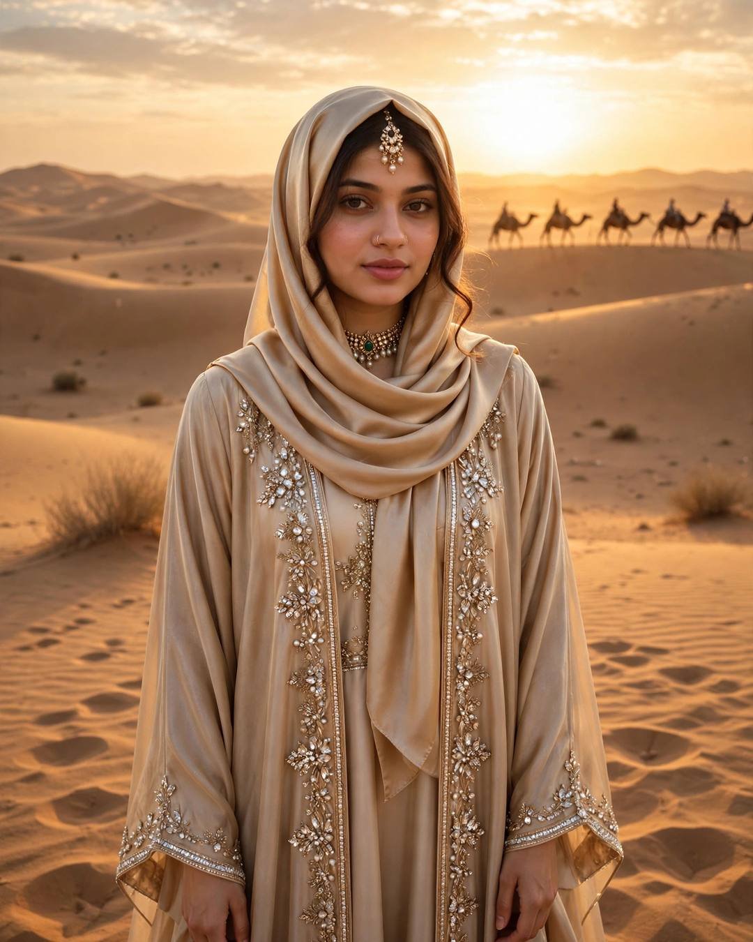 Young woman in a champagne-gold abaya with crystal detailing and silk hijab standing in Dubai desert dunes at sunset with a camel caravan in the distance