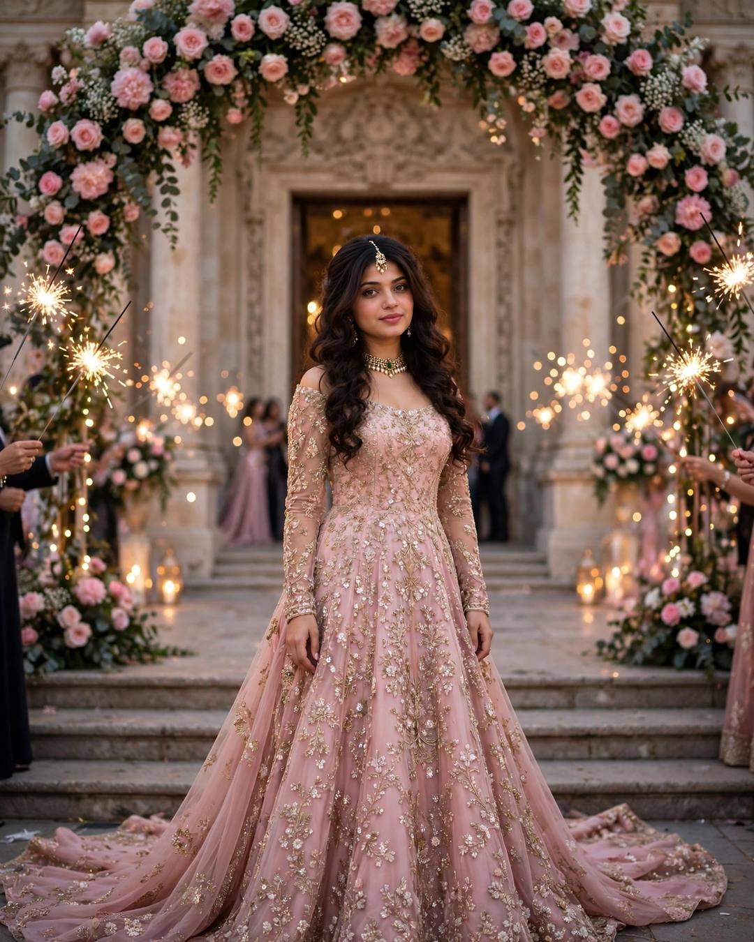 Young woman in a blush-pink embellished gown with a long train standing at a palace entrance under a rose flower arch with sparklers on both sides