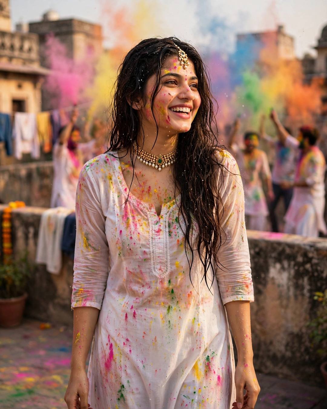 Young woman laughing in a white kurta splashed with pink and yellow Holi colours, wet hair, on an old-city terrace with colour clouds and friends behind her