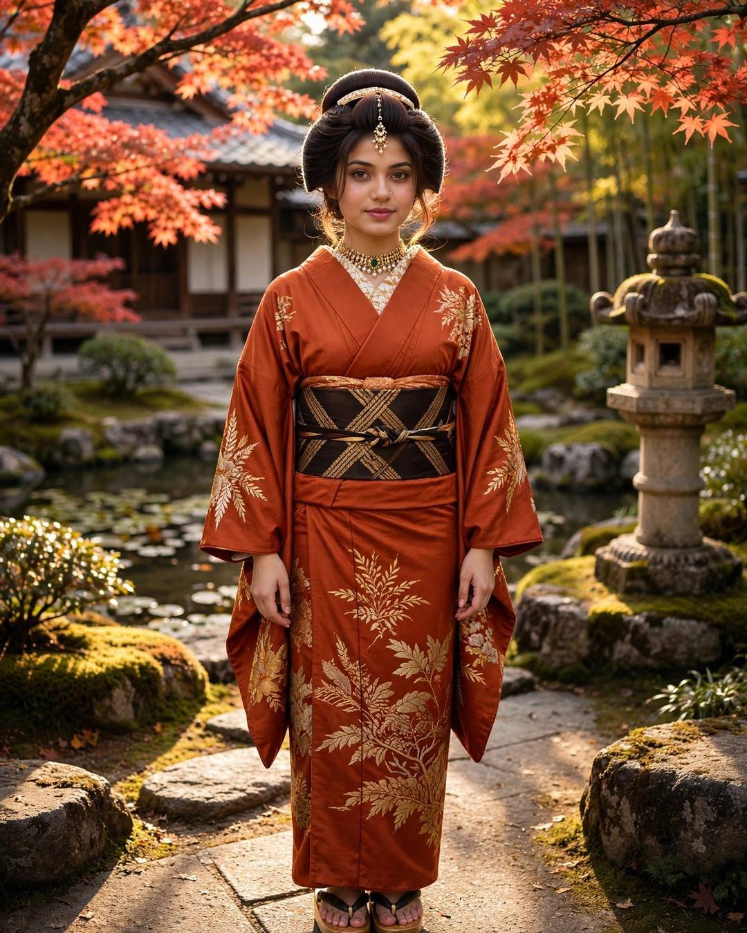 Young woman in a rust-orange kimono with gold leaf motifs and a dark patterned obi, hair in shimada style, standing in a Kyoto temple garden with red maples and a stone lantern
