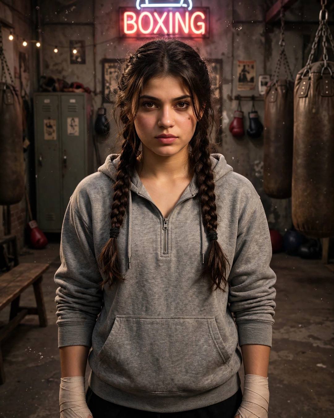 Young woman with twin braids wearing a grey half-zipped hoodie and hand wraps, standing in an old boxing gym under a red neon BOXING sign with heavy bags behind her