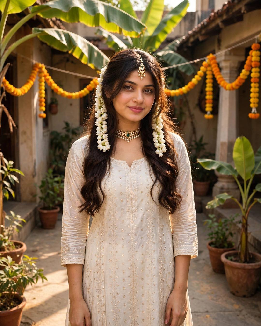 Young woman in an ivory embroidered kurta with white gajra and maang tikka, standing in a sunlit courtyard decorated with marigold strings