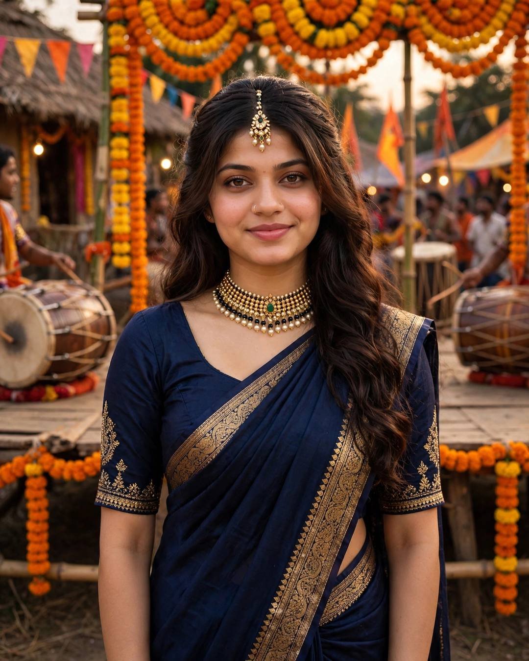 Young woman in a navy-blue nauvari saree with thushi necklace and maang tikka, on a village festival stage with dhol-tasha drummers and marigold arches