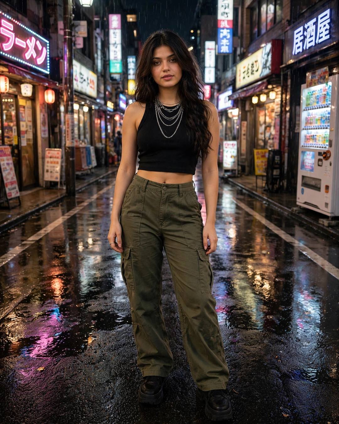 Young woman in olive cargo pants and cropped black tank standing in a neon-lit Tokyo street at night after rain