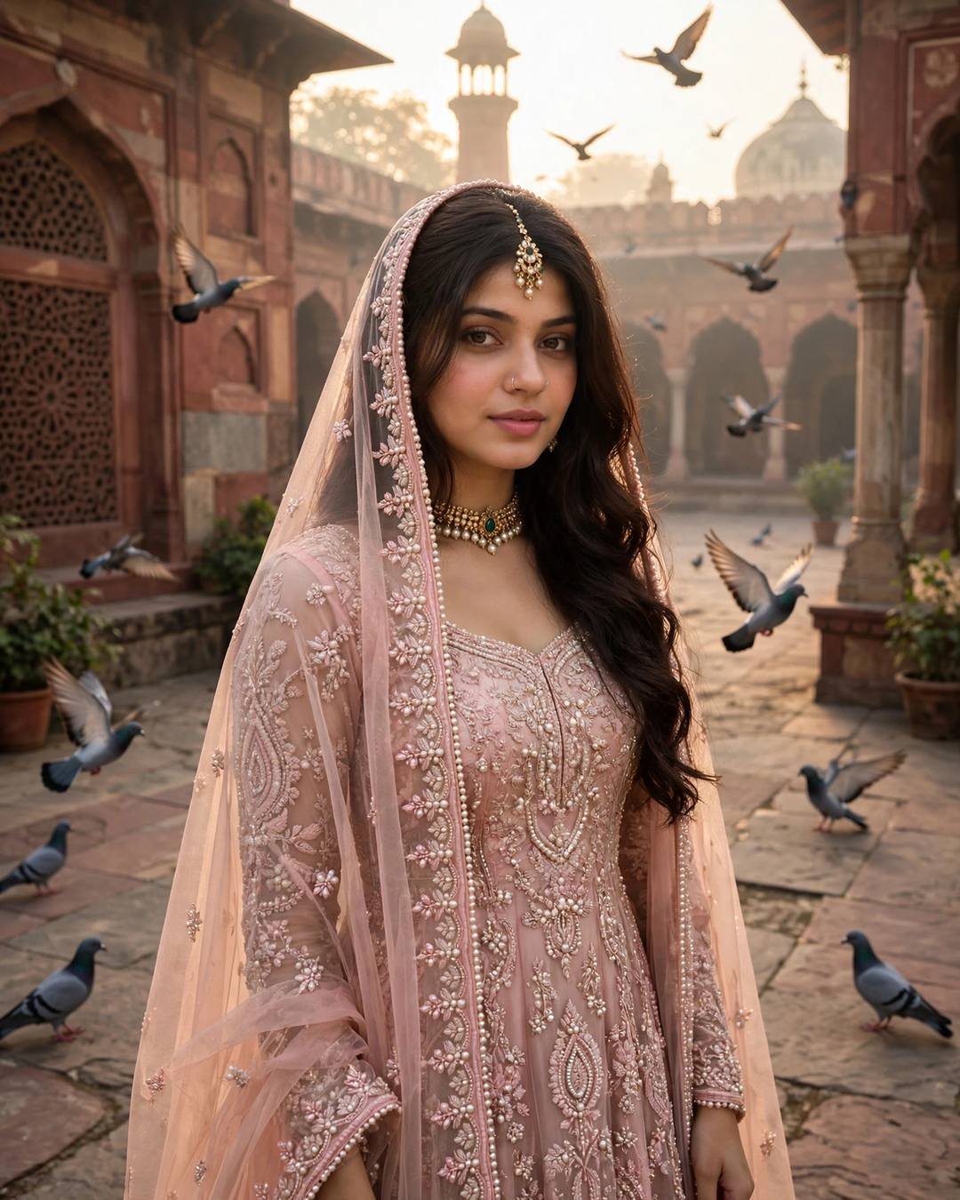 Young woman in a blush-pink pearl-embroidered sharara with dupatta over her head, in an old Delhi courtyard at sunrise with pigeons flying