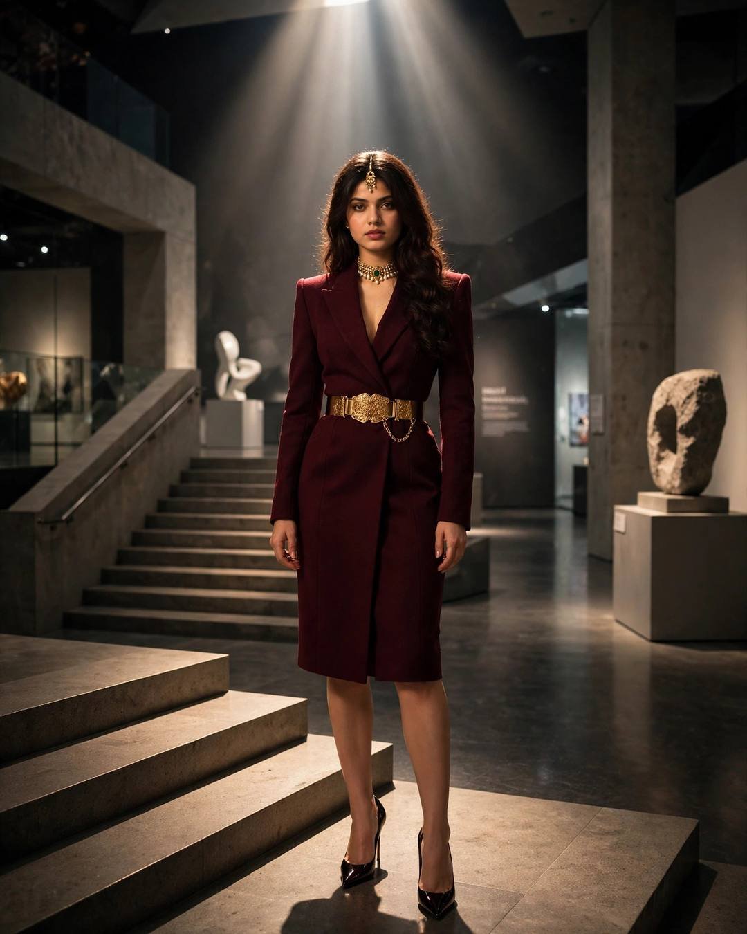 Young woman in a burgundy power-shoulder blazer dress with gold belt and stilettos, standing under a spotlight on a modern museum staircase