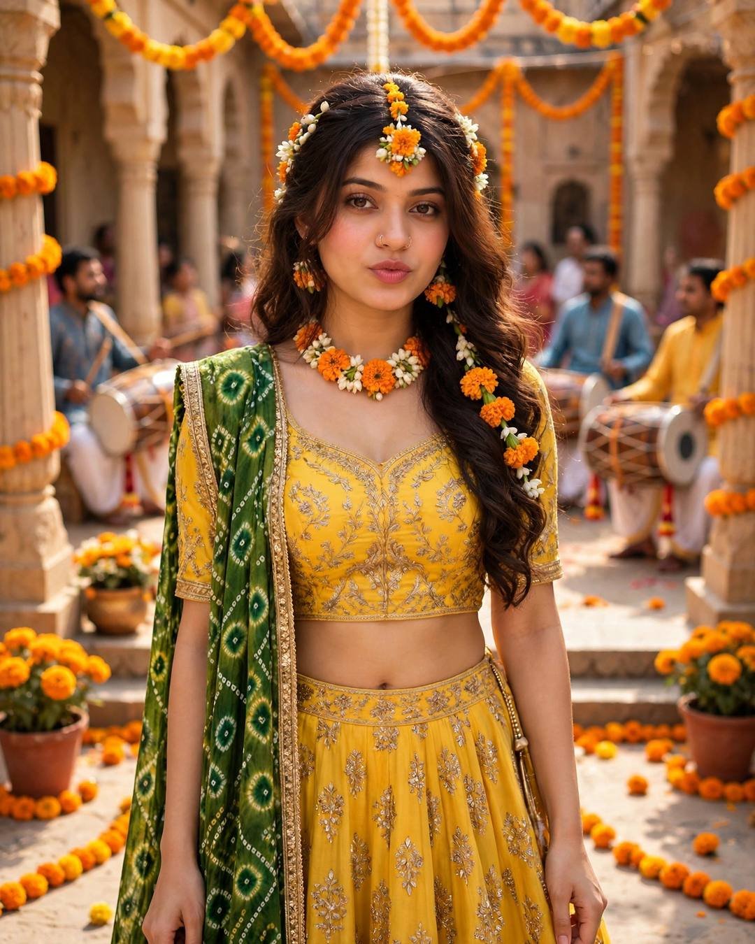 Young woman in a bright-yellow lehenga with green bandhani dupatta and marigold flower jewellery, in a marigold-decked mehendi courtyard with dhol players