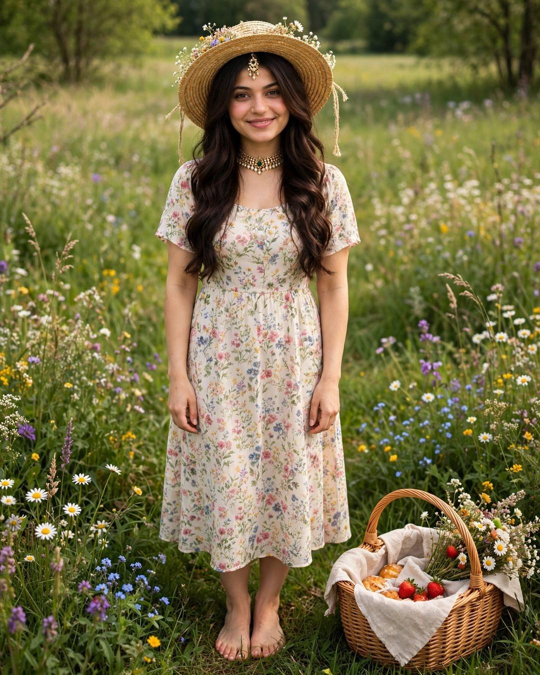 Young woman in a floral midi dress and straw hat, barefoot in a wildflower meadow beside a wicker picnic basket