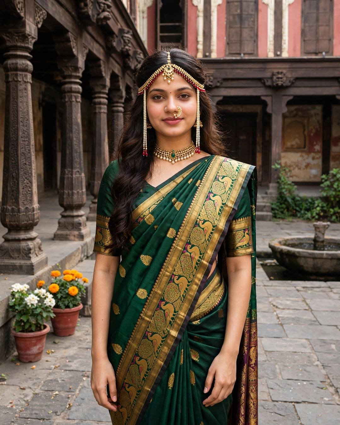 Young woman in a peacock-green paithani saree with nath and mundavalya jewellery, standing in a carved wooden courtyard of an old Pune wada