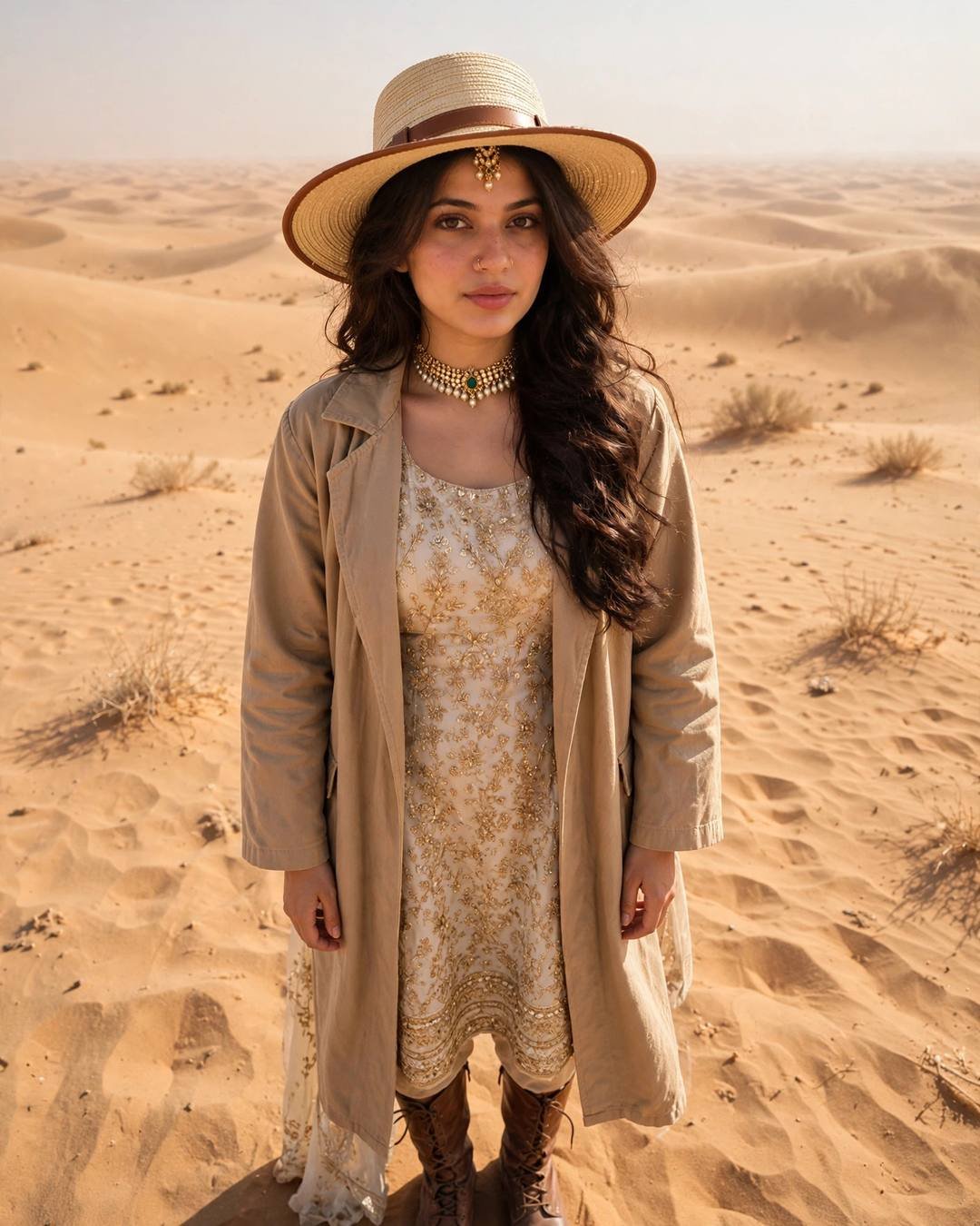 Young woman in a sand-coloured duster coat and wide-brim hat with leather boots, standing alone in the Thar desert dunes at high noon