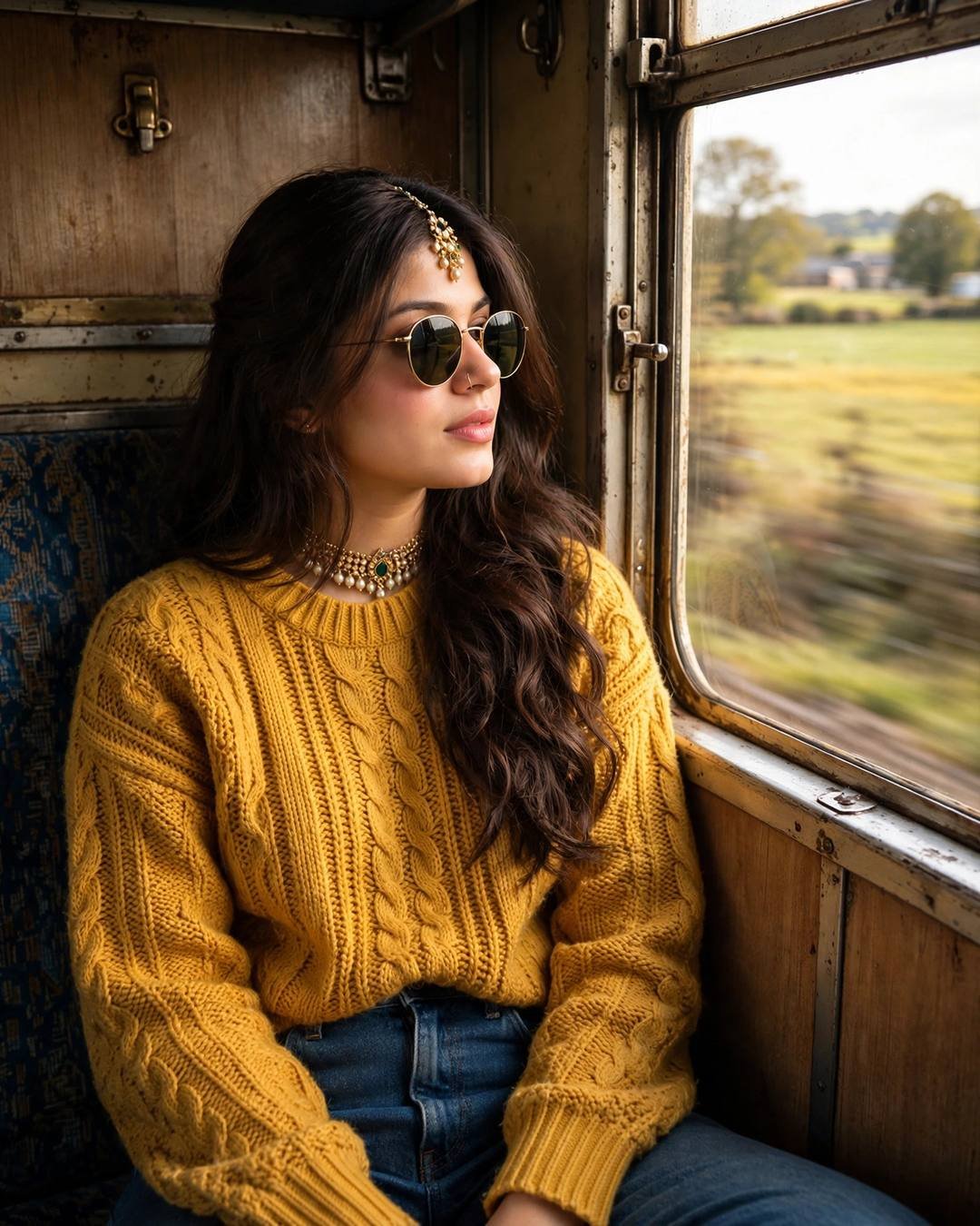 Young woman in a mustard knit sweater and round sunglasses gazing out of a vintage train window as countryside rushes past