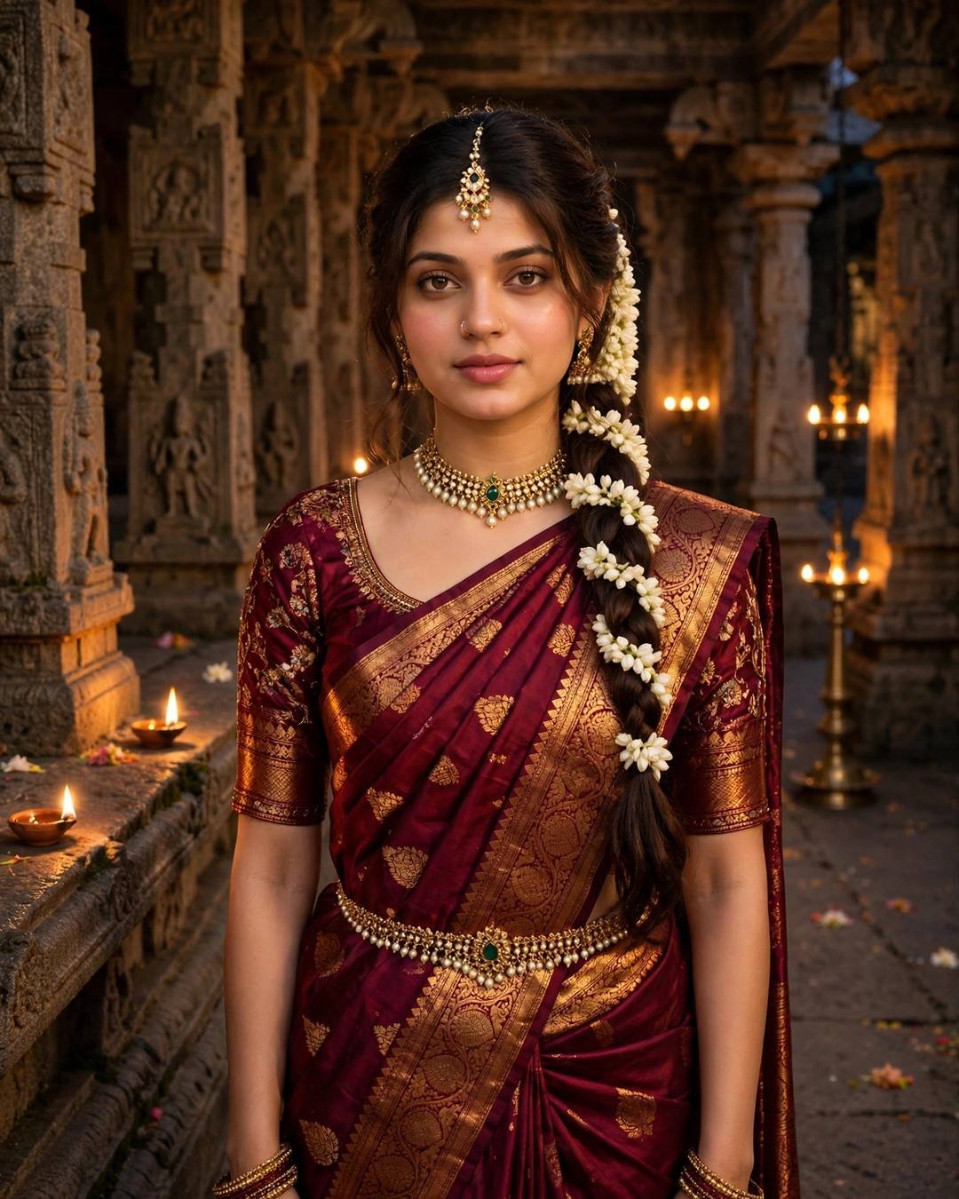Young woman in deep-maroon kanjeevaram silk with gold zari and jasmine braid standing in a lamp-lit temple corridor