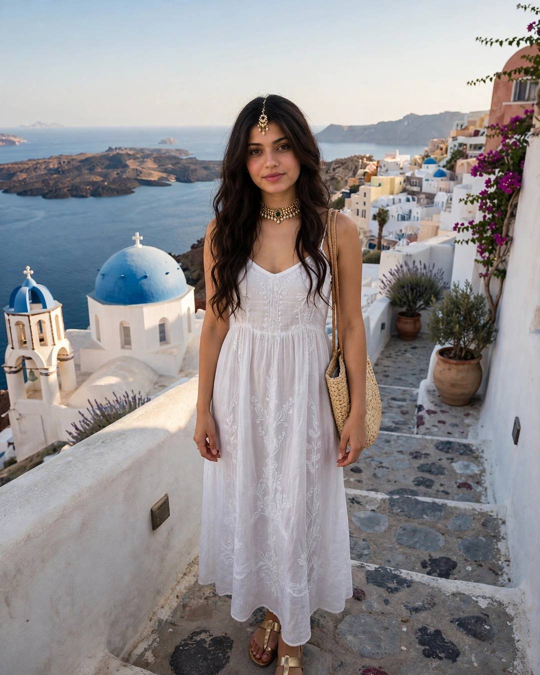 Young woman in a flowing white sundress standing on a Santorini lane above the caldera with blue domes behind her