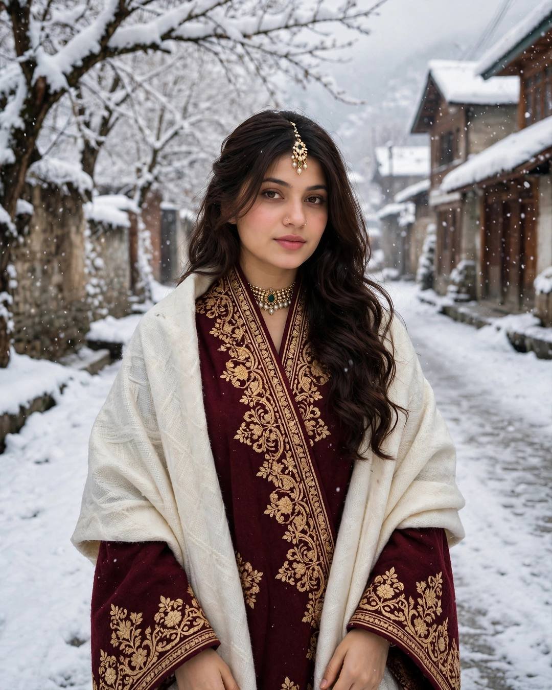 Young woman in a maroon embroidered Kashmiri phiran and woollen shawl standing in falling snow on a Srinagar lane