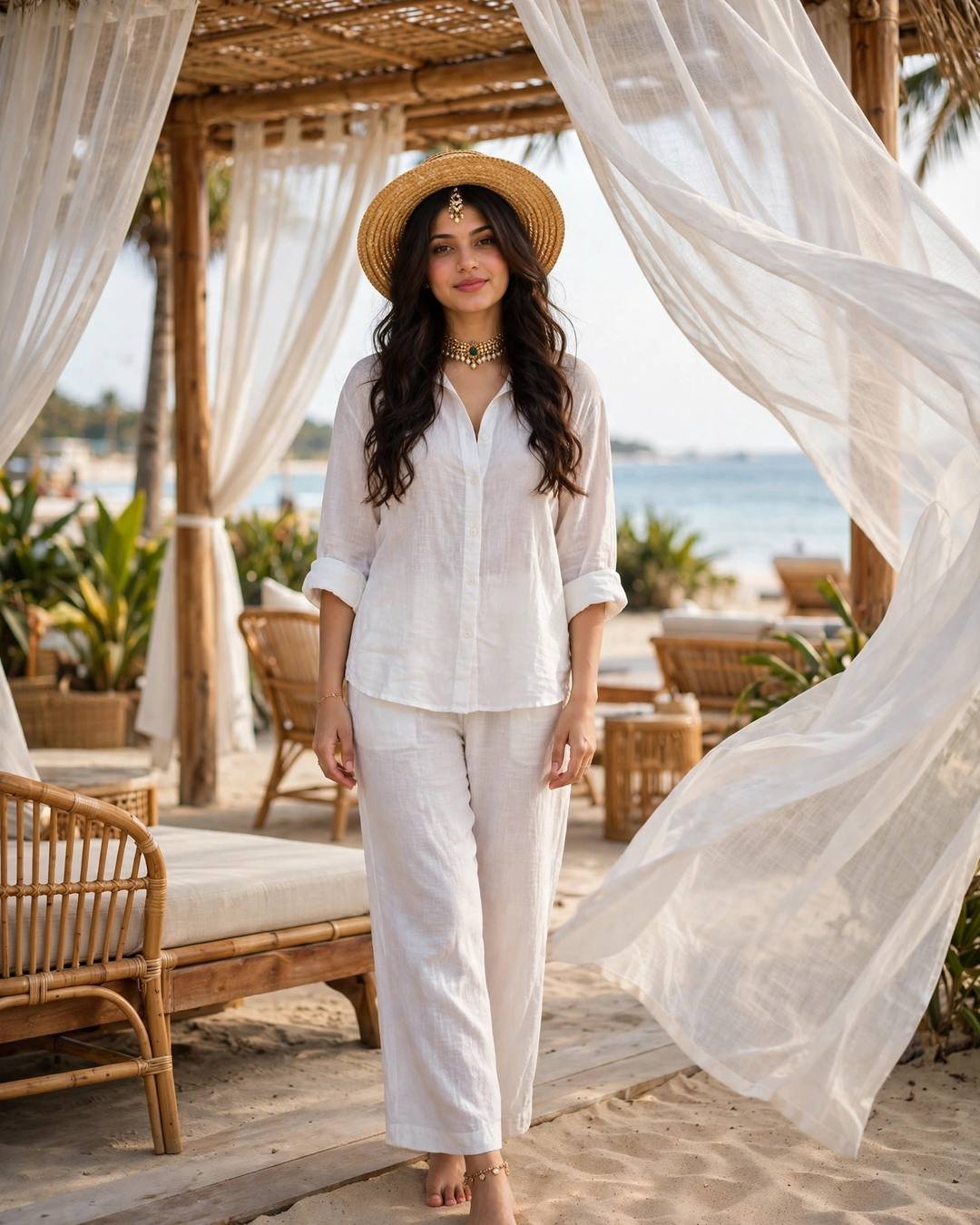 Young woman in a white linen co-ord set and straw hat standing barefoot at a beachside resort cabana