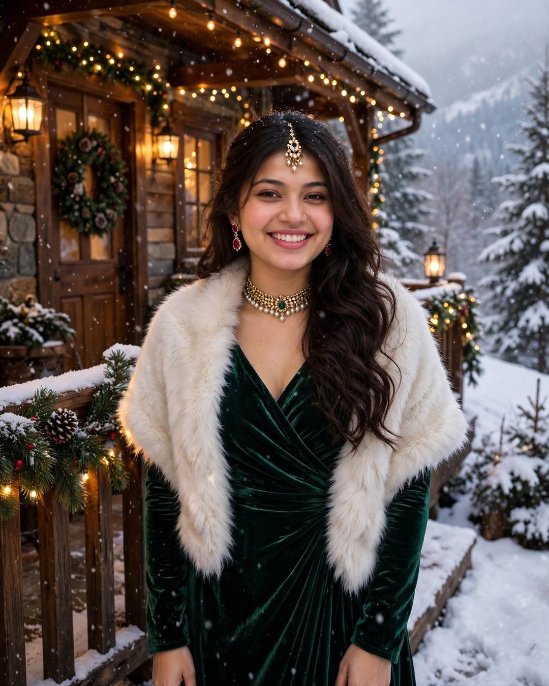 Young woman in an emerald velvet wrap dress and faux-fur stole smiling on a snowy Christmas cottage porch