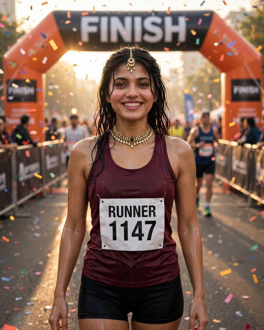 Young woman in maroon running singlet and race bib 1147 smiling under a FINISH arch at sunrise with confetti falling