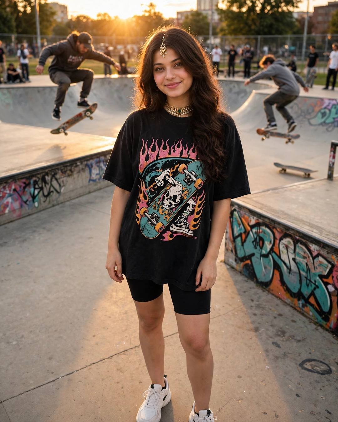 Young woman in oversized black graphic tee and biker shorts smiling at a skatepark at golden hour, skaters mid-air behind