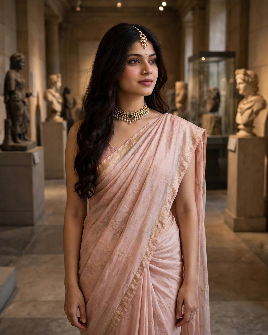 Young woman in a blush chanderi saree with gold border and bindi standing in a softly lit museum corridor with ancient sculptures
