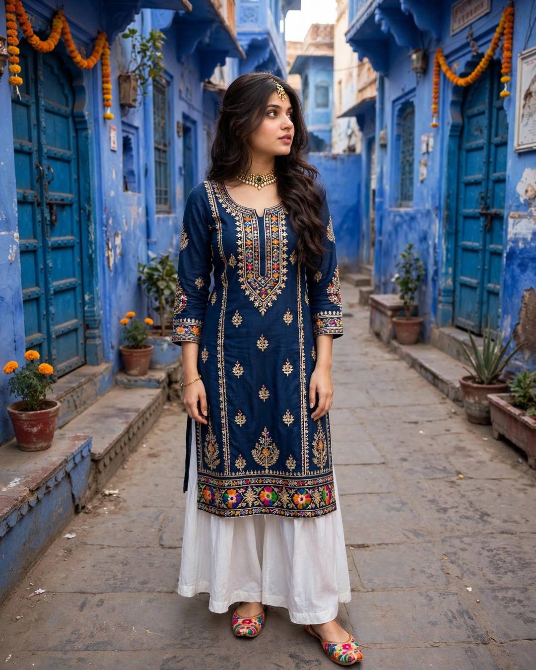 Young woman in an indigo embroidered kurti and colourful juttis walking through a blue-painted lane of Jaipur's old city.