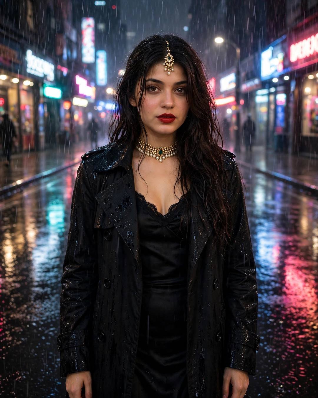 Young woman in a black trench coat and red lipstick standing in a rain-soaked neon-lit city street with colorful reflections