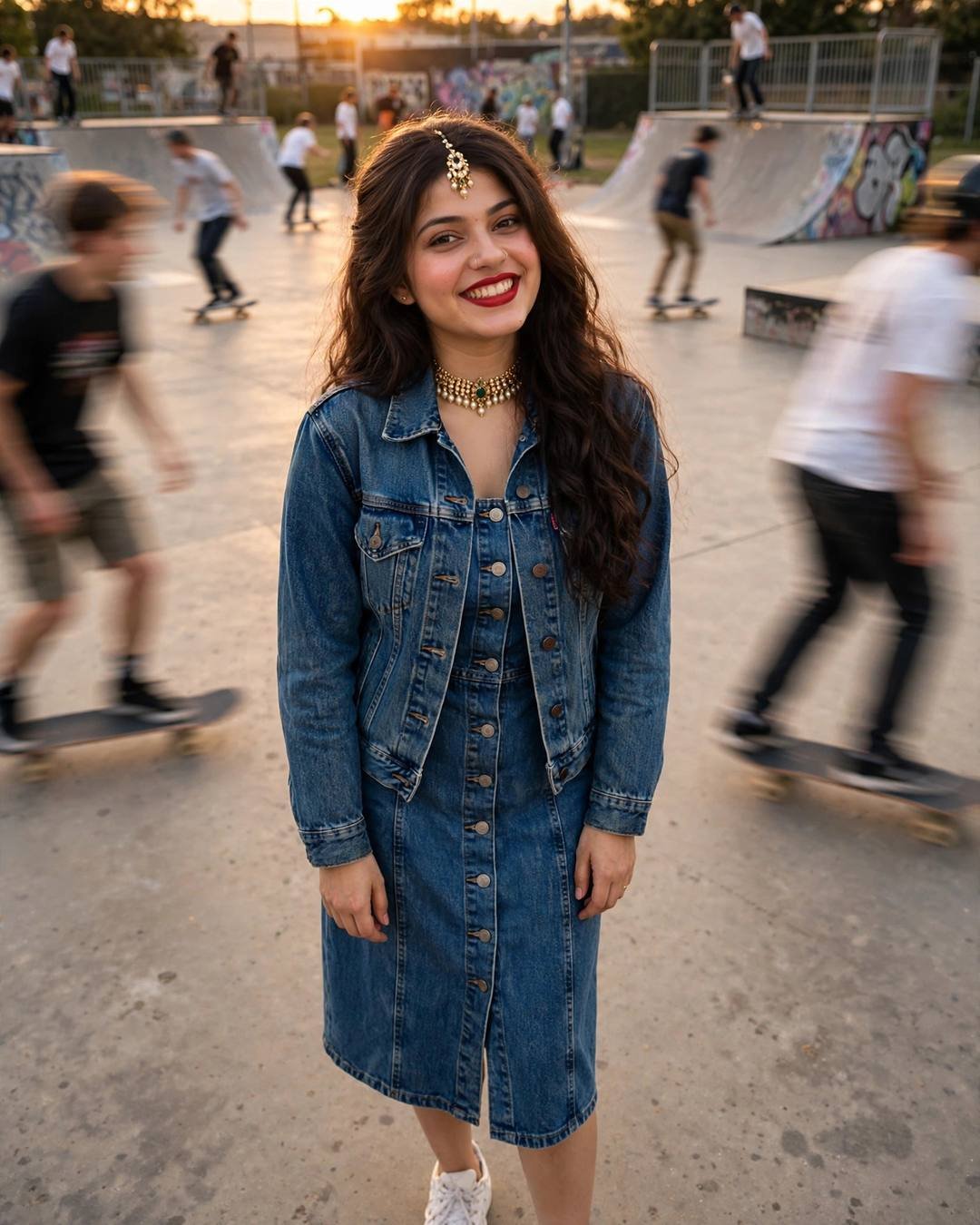 Young woman in double denim with red lips smiling at a skate park at golden hour, skaters blurred in the background