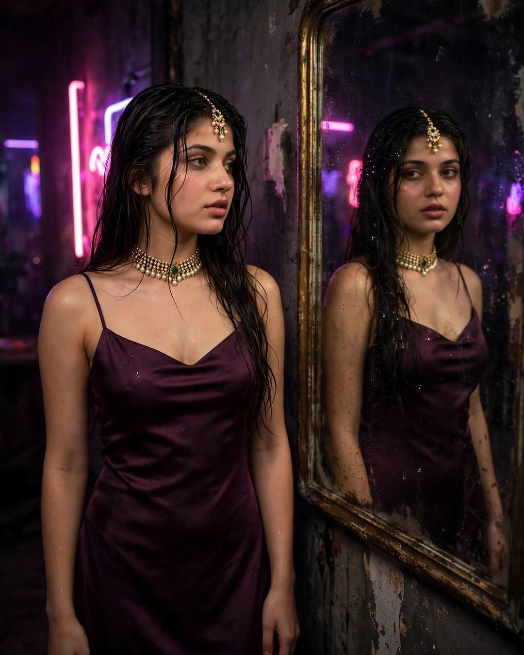 Young woman in a deep plum slip dress with wet-look hair standing beside an old mirror in a neon-lit room, reflection doubled
