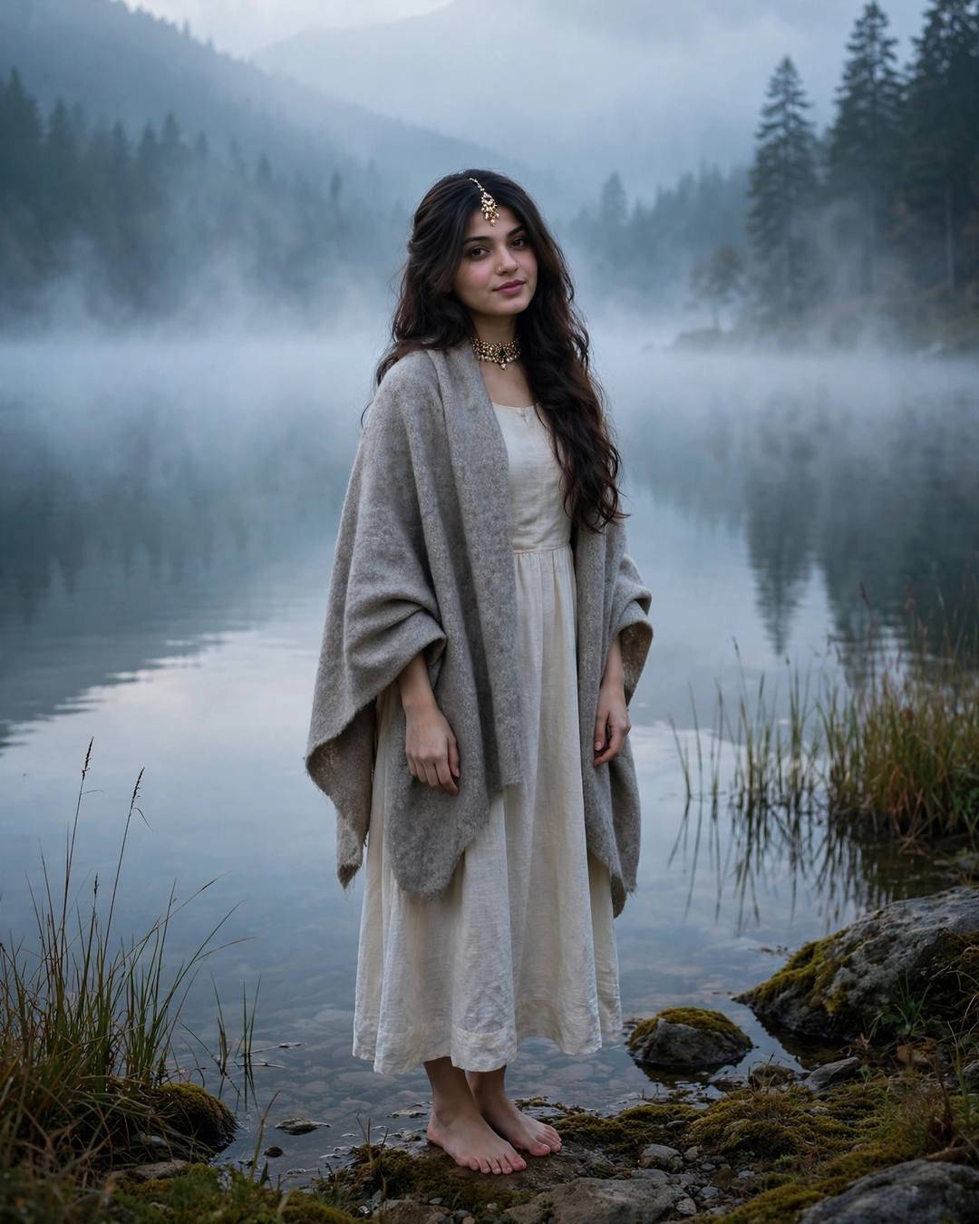 Young woman in a draped woollen shawl over a simple dress, barefoot at the edge of a misty lake at dawn with fog over still water