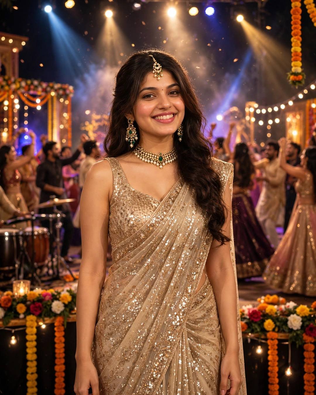 Young woman in a champagne-gold sequin saree smiling on a sangeet stage with spotlights and a dancing crowd behind her.