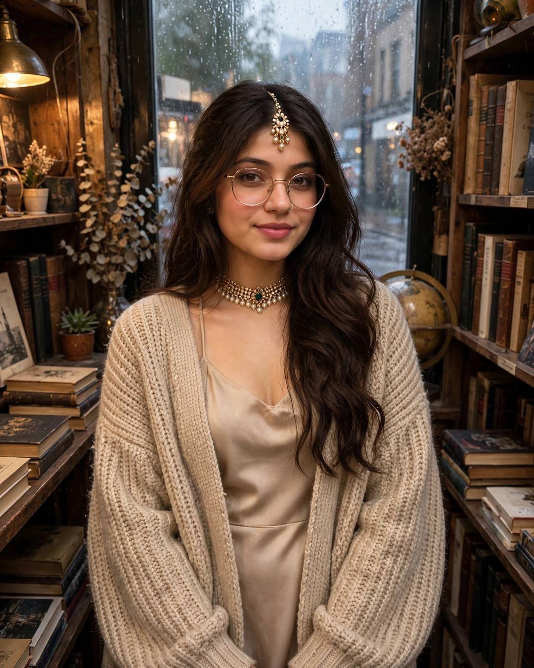 Young woman with glasses in an oversized cardigan and slip dress standing in an old bookshop aisle with rain on the window behind her.
