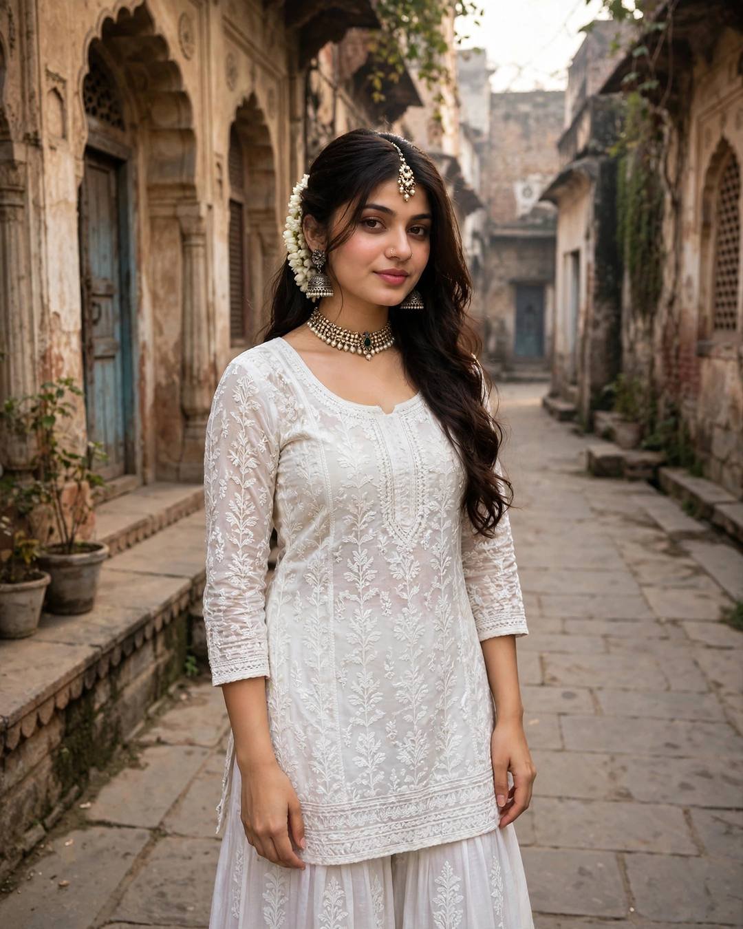 Young woman in a white chikankari kurta with gajra and silver jhumkas standing in an old Lucknow lane with Mughal arches.