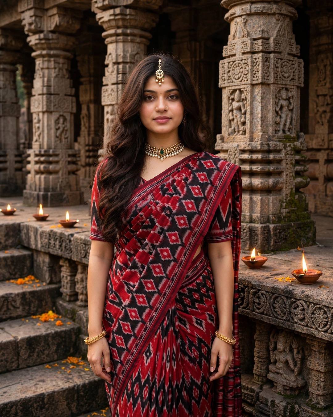 Young woman in a red-and-black Sambalpuri ikat saree with temple jewellery standing among carved stone pillars and oil lamps at an ancient temple.
