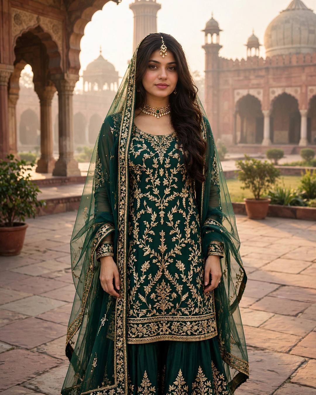Young woman in an emerald-green sharara with gold embroidery and sheer dupatta, standing in a mosque courtyard at sunrise with Mughal arches