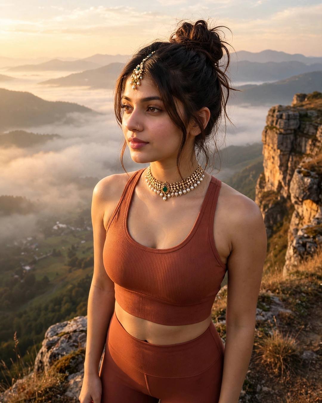 Young woman in a terracotta yoga set with hair in a top knot standing on a cliff edge at sunrise above mist