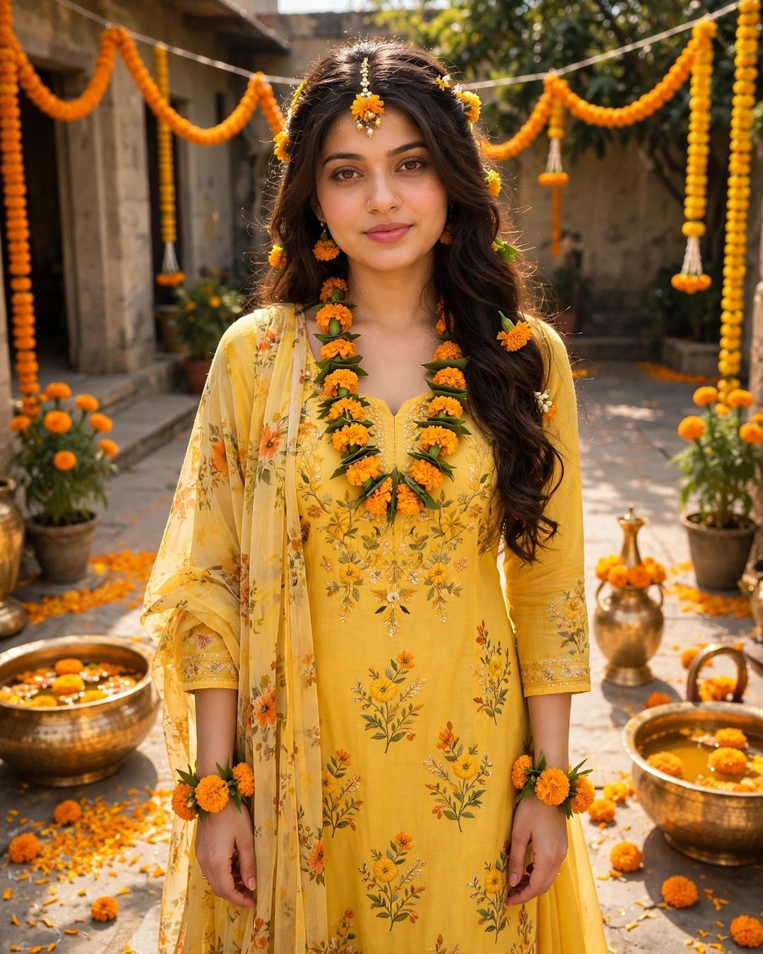 Young woman in a sunshine-yellow salwar suit with floral dupatta and fresh marigold jewellery, in a marigold-decked haldi ceremony courtyard