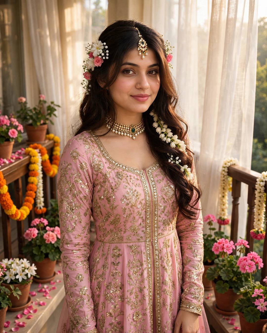 Young woman in a pink anarkali with gota-patti work and fresh flowers in her hair, on a flower-decked balcony in morning sunlight