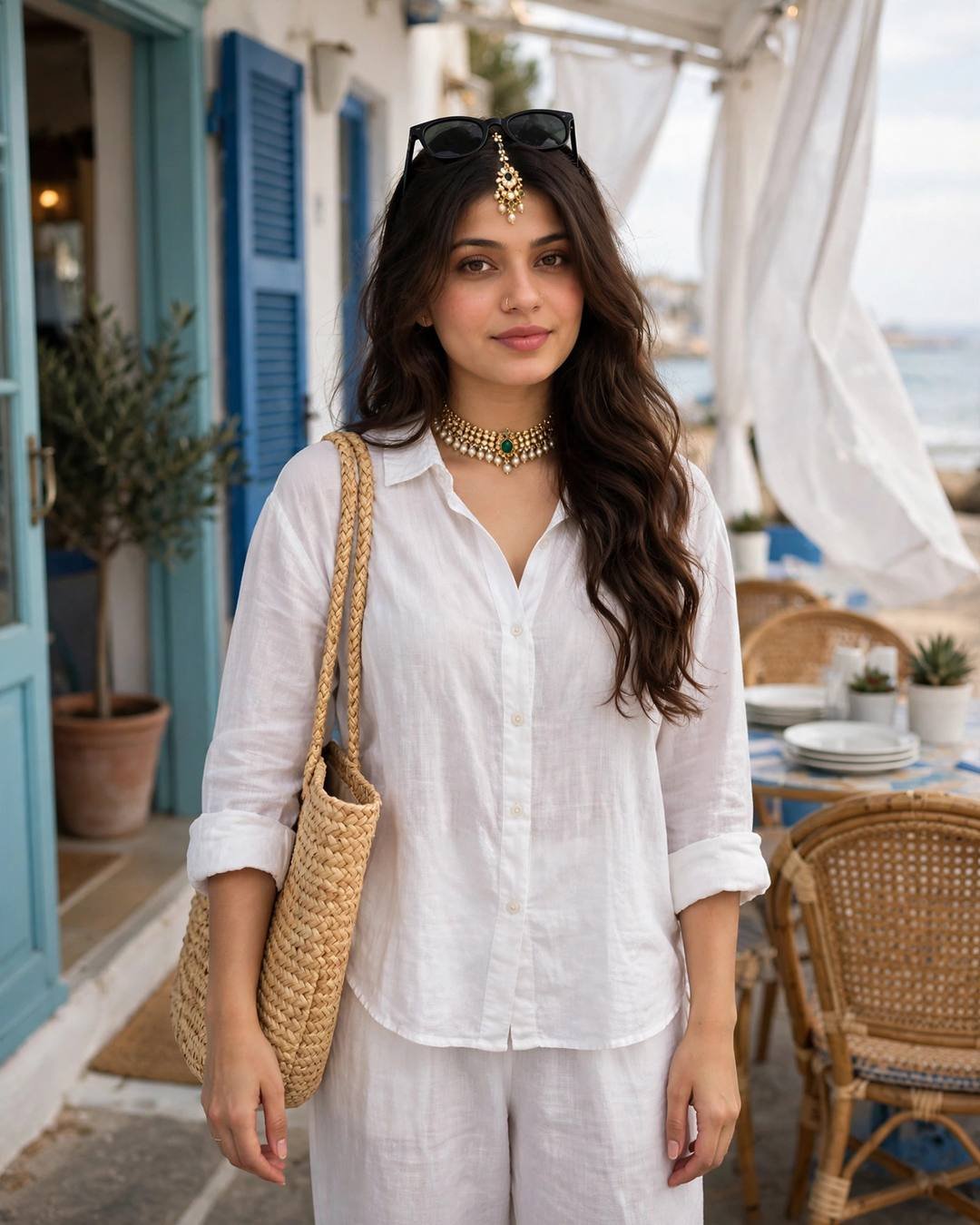 Young woman in a white linen co-ord set with rolled sleeves and a straw tote, at a coastal cafe with blue doors