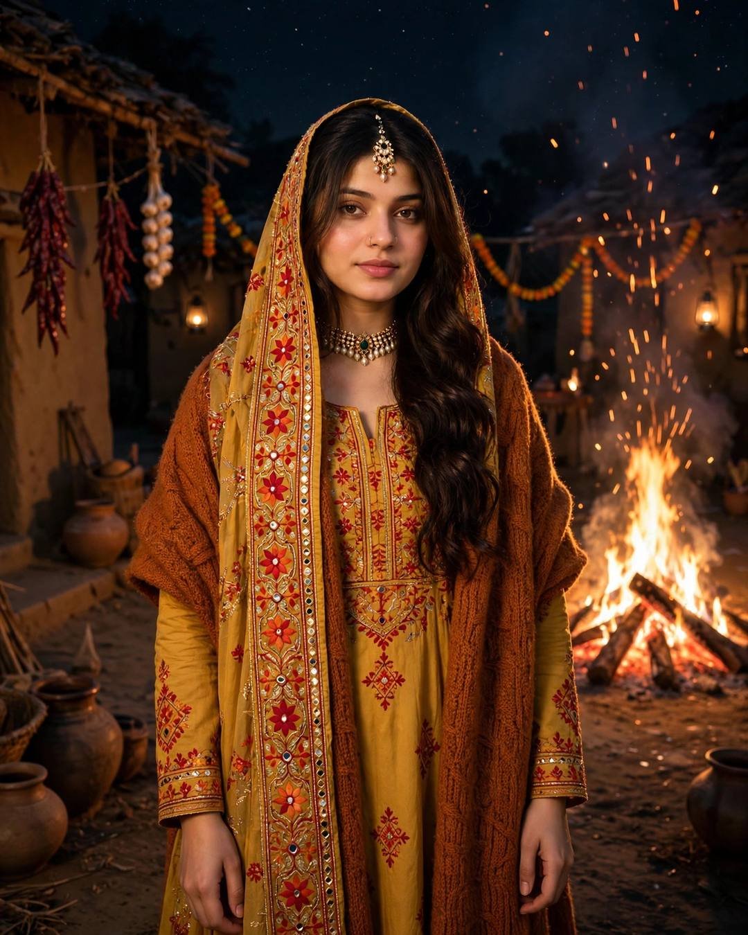 Young woman in a phulkari-embroidered mustard suit and shawl standing by a village bonfire at night with sparks rising
