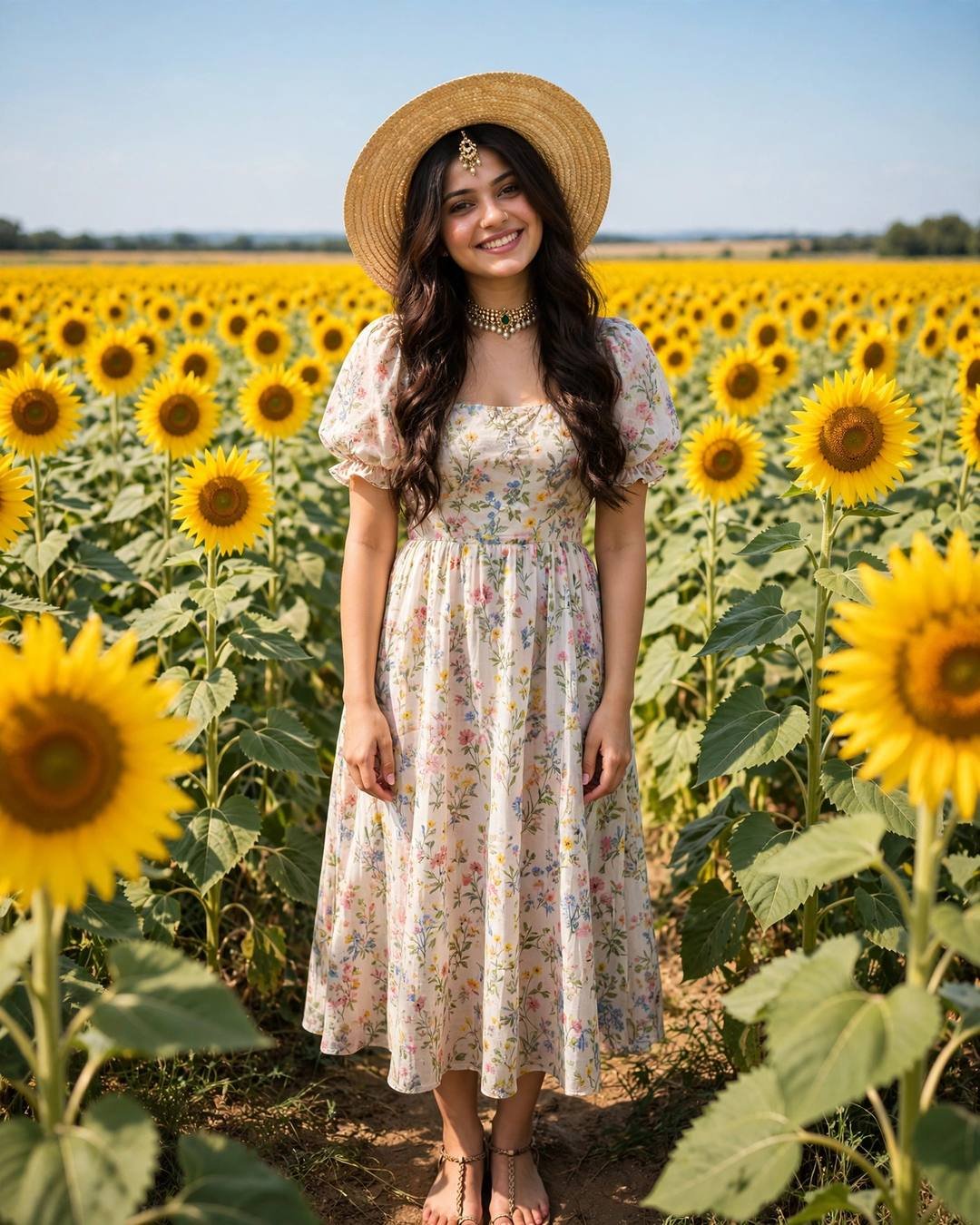 Young woman in a floral sundress and straw hat smiling in an endless sunflower field under a blue sky
