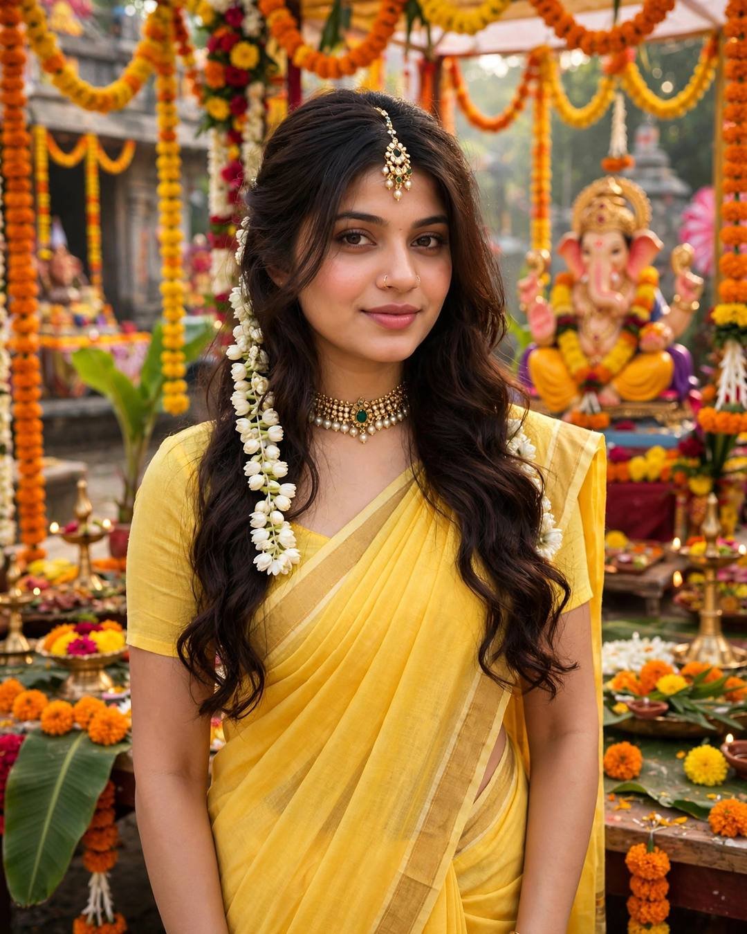 Young woman in a bright-yellow cotton saree with jasmine gajra before a marigold-decked Ganesh pandal