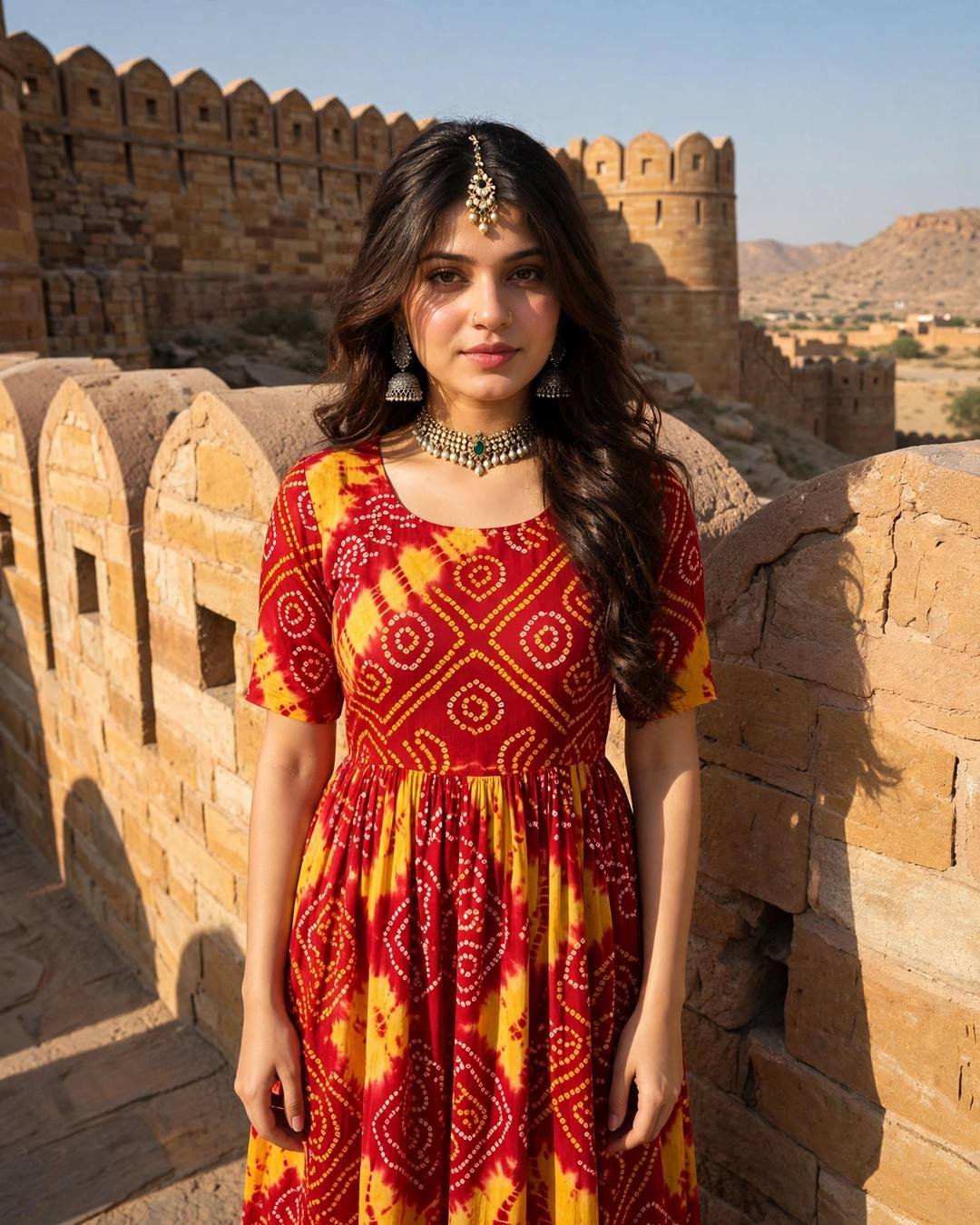 Young woman in a red-and-yellow bandhani midi dress with silver jhumkas on desert fort ramparts