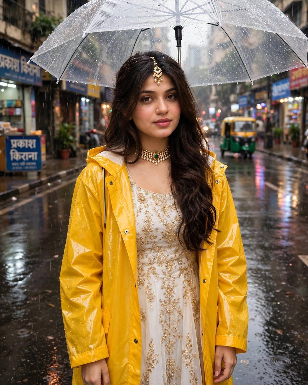 Young woman in a yellow raincoat holding a transparent umbrella on a rainy Mumbai street