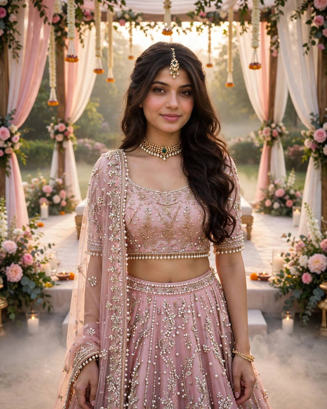 Young woman in a blush-pink pearl-work lehenga at a flower-draped wedding mandap at dawn