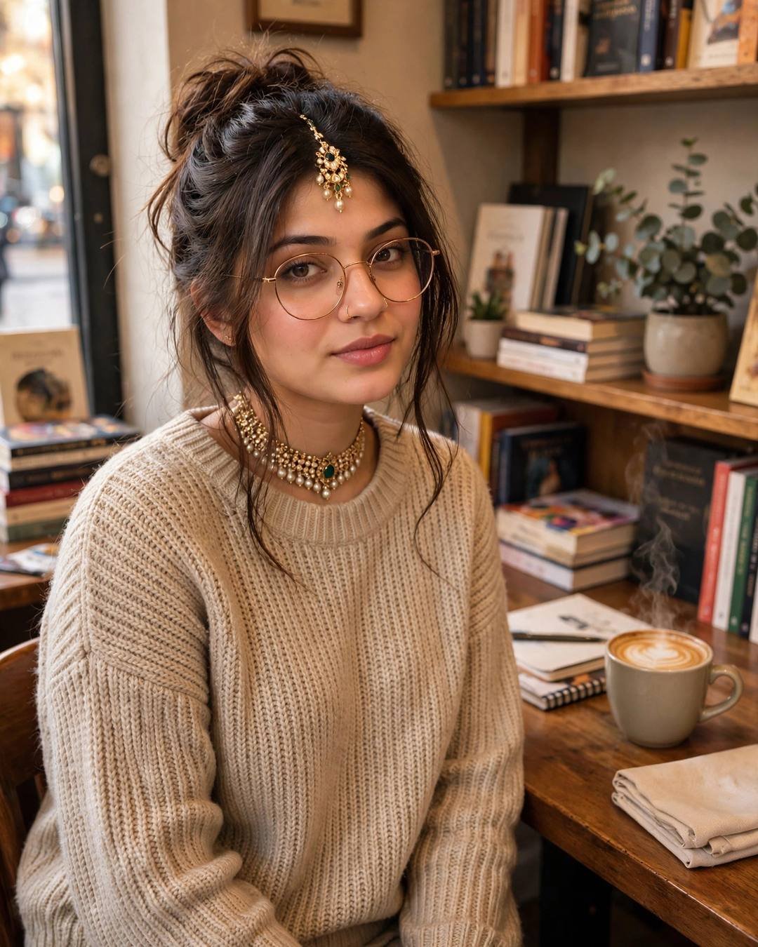 Young woman in a beige knit set and glasses with a cappuccino in a bookstore café