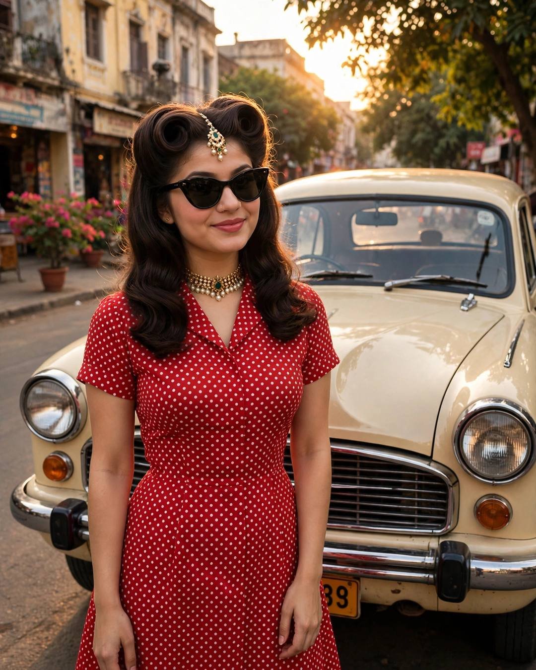 Young woman in a red polka-dot dress and cat-eye sunglasses beside a vintage Ambassador car