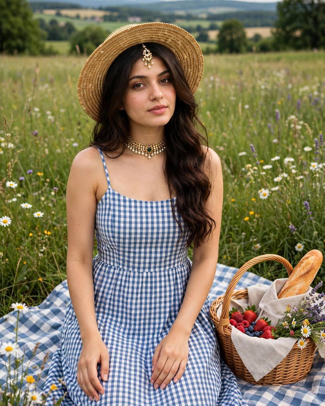 Young woman in a blue gingham sundress and straw hat on a wildflower meadow picnic blanket