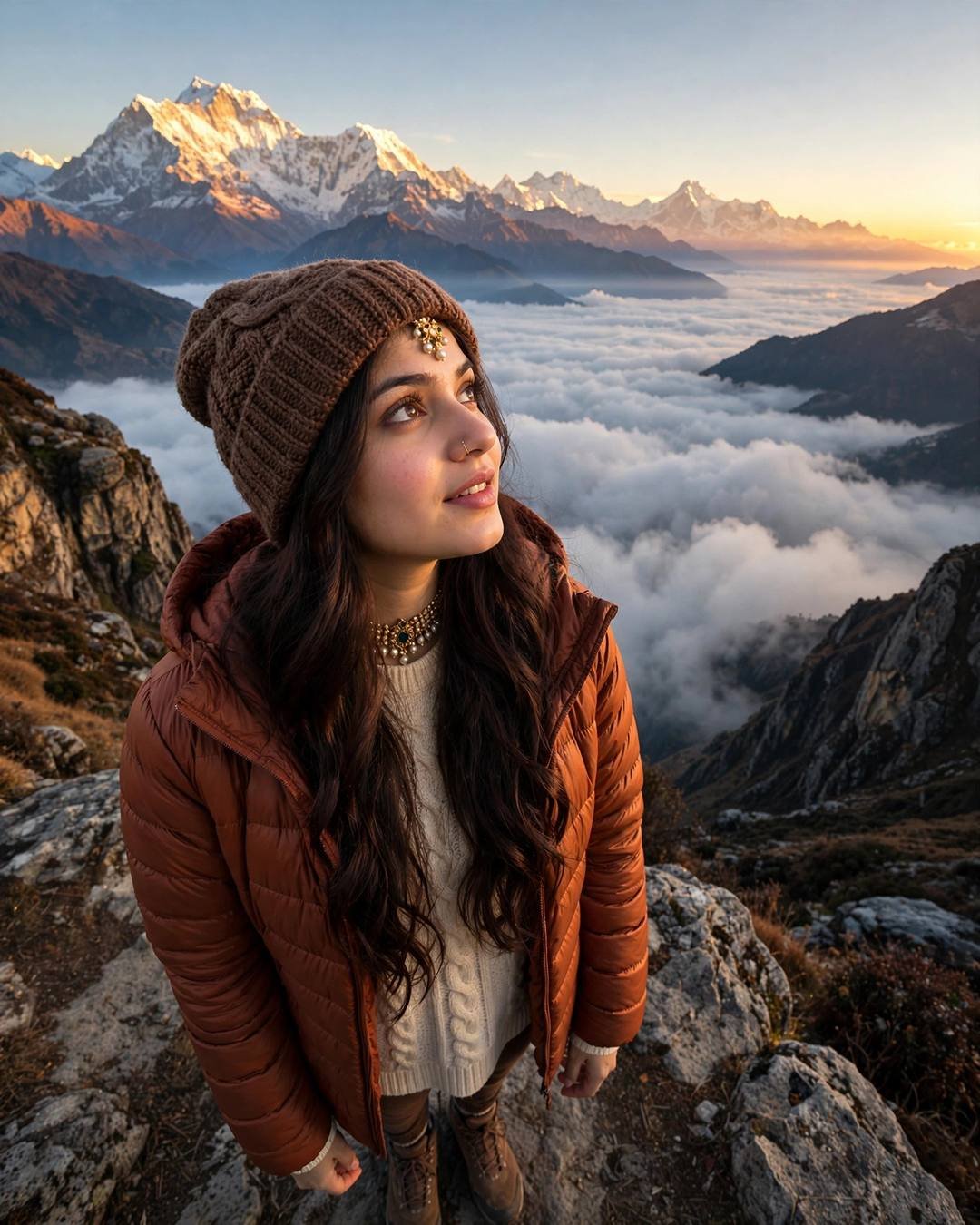 Young woman in a rust puffer jacket at a Himalayan sunrise viewpoint above the clouds