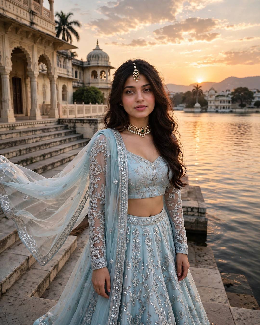 Young woman in a pastel-blue lehenga on palace steps as the sun sets over Lake Pichola, Udaipur