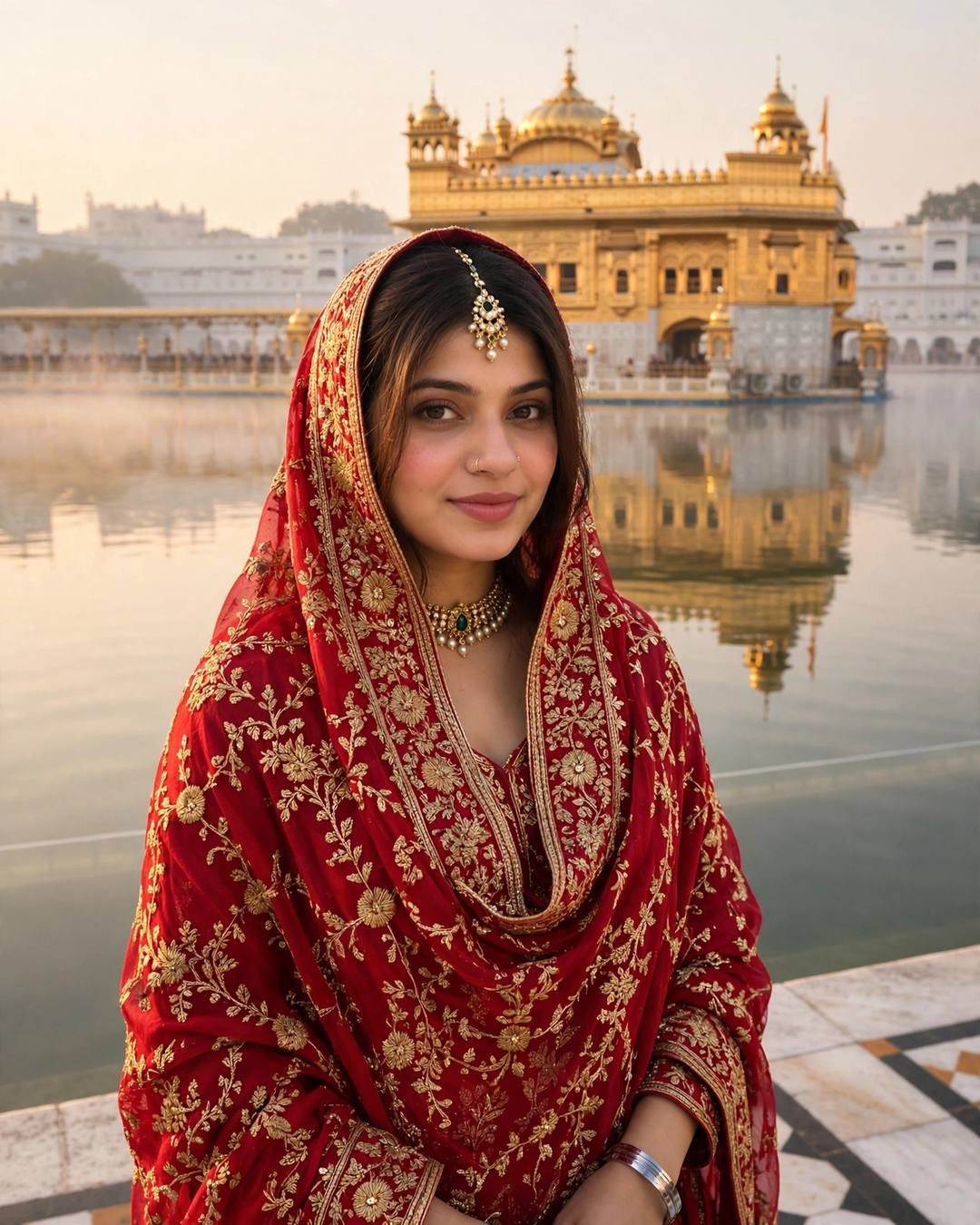 Young woman in a red phulkari dupatta at the Golden Temple, Amritsar at dawn